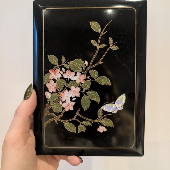 Other - Floral and Butterfly Black Lacquered Box